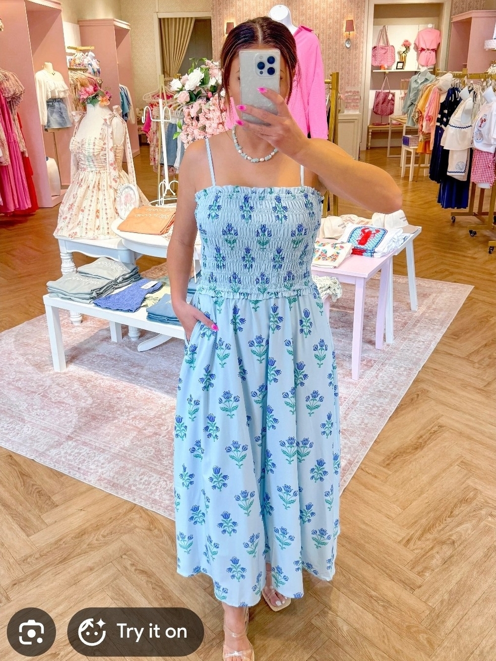 Main Strip Light Blue Floral Smocked Maxi Dress